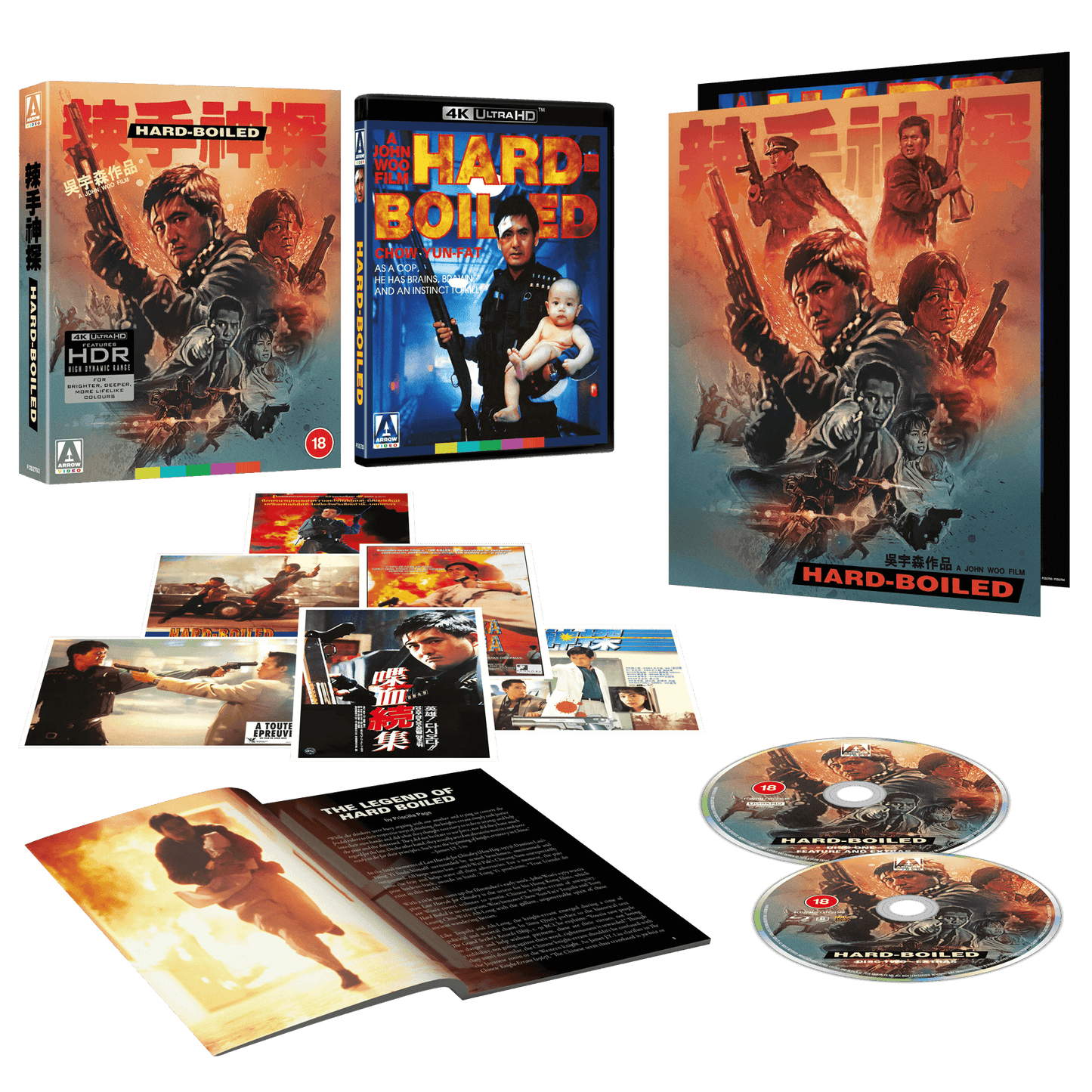 HARD BOILED (1992) 4KUHD release with slipcase and bonus bluray disc, poster, booklet and art cards.