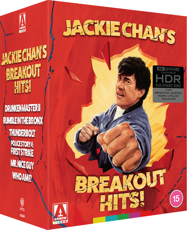 JACKIE CHAN Breakout Hits boxset on 4K UHD containing DRUNKEN MASTER II, RUMBLE IN THE BRONX, THUNDERBOLT, FIRST STRIKE, MR. NICE GY, WHO AM I? on the Terracotta Distribution store