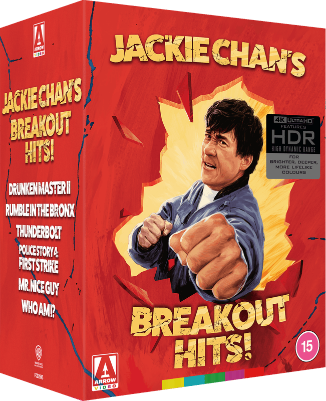 JACKIE CHAN Breakout Hits boxset on 4K UHD containing DRUNKEN MASTER II, RUMBLE IN THE BRONX, THUNDERBOLT, FIRST STRIKE, MR. NICE GY, WHO AM I? on the Terracotta Distribution store
