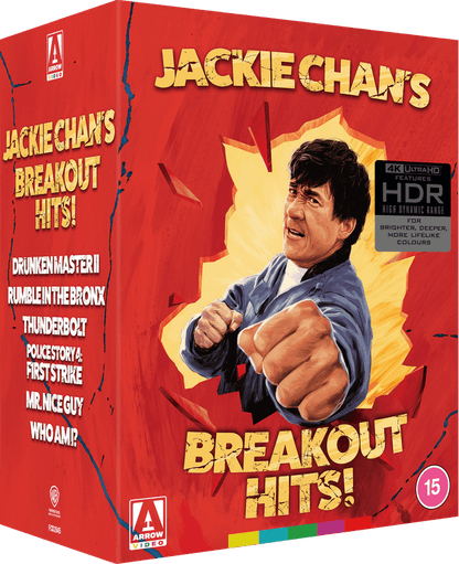JACKIE CHAN Breakout Hits boxset on 4K UHD containing DRUNKEN MASTER II, RUMBLE IN THE BRONX, THUNDERBOLT, FIRST STRIKE, MR. NICE GY, WHO AM I? on the Terracotta Distribution store
