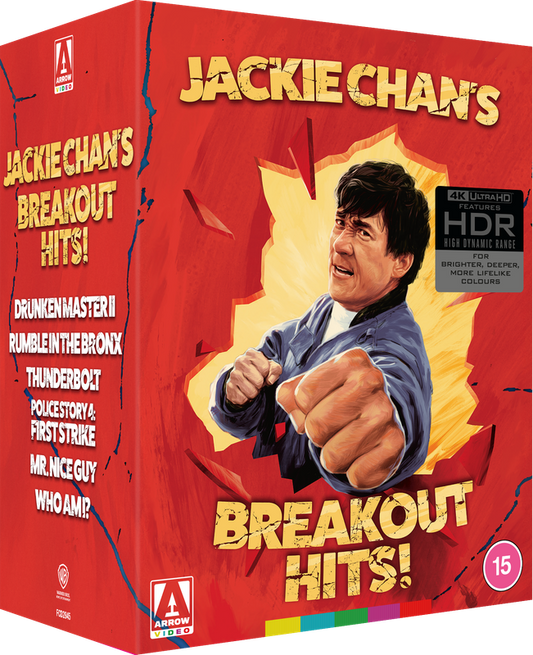 JACKIE CHAN Breakout Hits boxset on 4K UHD containing DRUNKEN MASTER II, RUMBLE IN THE BRONX, THUNDERBOLT, FIRST STRIKE, MR. NICE GY, WHO AM I? on the Terracotta Distribution store